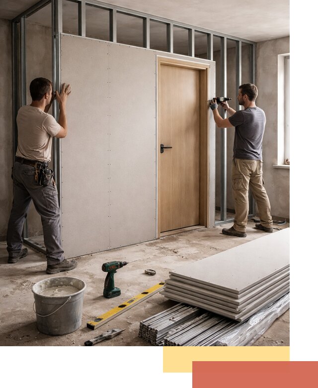 Перегородка из гипсокартона с дверью под ключ в слободском