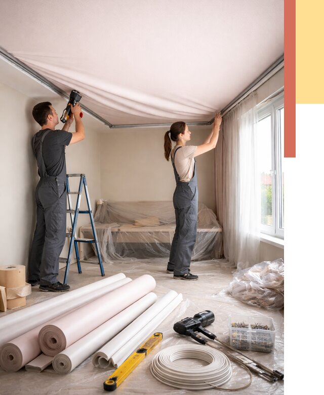 Монтаж цветного натяжного потолка в слободском от 4328 руб/м² — быстро и недорого | ОТДЕЛОЧНИК-Слб