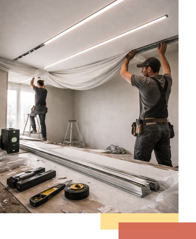 Монтаж натяжных потолков со световыми линиями в слободском